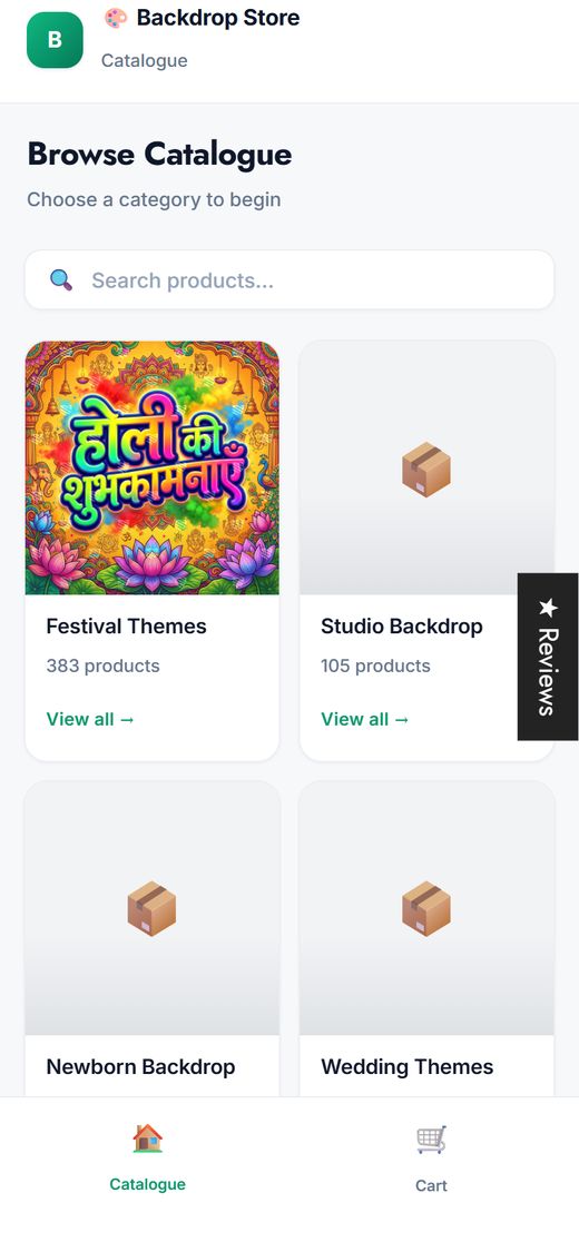 Backdrop India app-style catalogue storefront on mobile, built by Yukti AI inside its Shopify store — category cards with product counts, a search box and a bottom tab bar