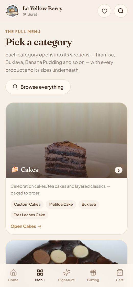 La Yellow Berry mobile bakery ordering website inside Shopify — 'Pick a category' menu with the Cakes card and a bottom tab bar for Home, Menu, Signature, Gifting and Cart