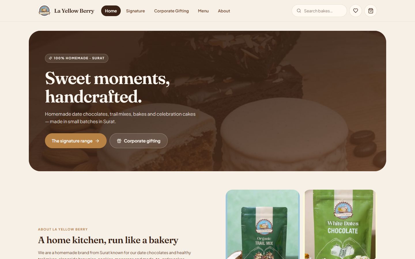 La Yellow Berry bakery website home screen built by Yukti AI inside Shopify — 'Sweet moments, handcrafted.' hero with signature range and corporate gifting buttons, and Home, Signature, Corporate Gifting, Menu and About navigation