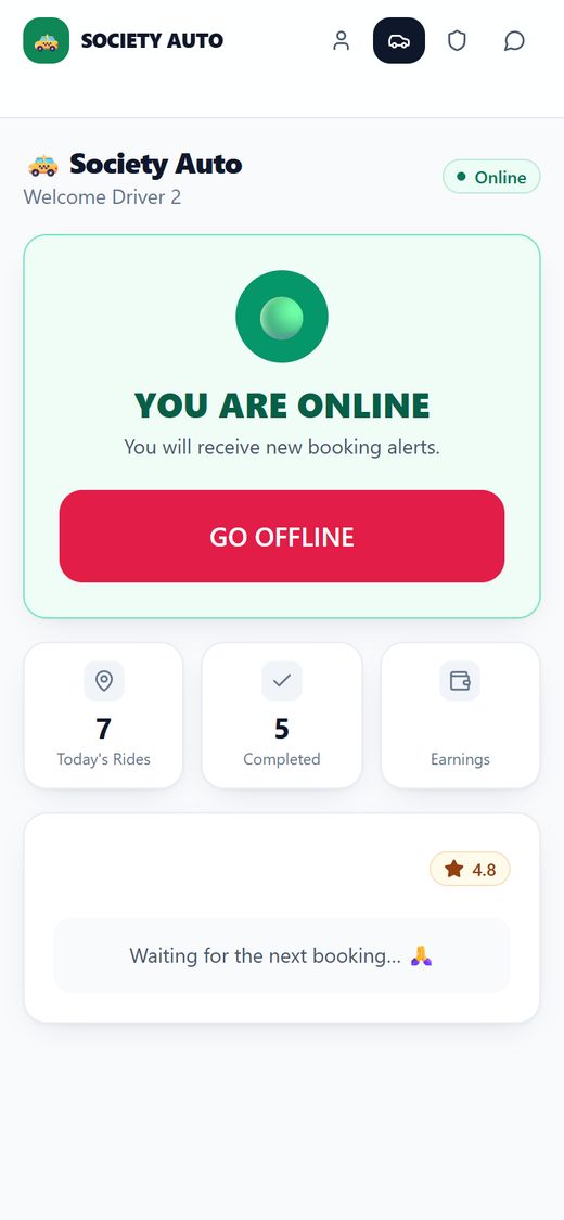 Society Auto driver app by Yukti AI: large 'You are online' status card with a Go Offline button, and tiles for today's rides, completed rides and earnings