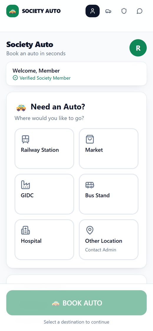 Society Auto auto rickshaw booking app by Yukti AI: member booking screen 'Need an Auto?' with destination tiles for Railway Station, Market, GIDC, Bus Stand, Hospital and Other Location, and a Book Auto button