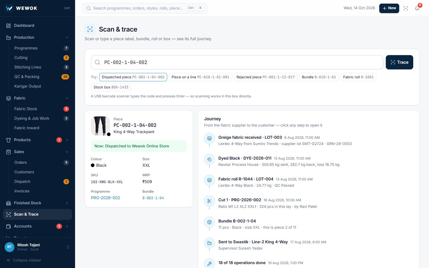 Scan and trace screen in the Wewok garment ERP: one dispatched trackpant piece with its SKU, size, colour and MRP, and its journey from greige fabric received and dyed, through fabric roll, cut, bundle and stitching line to all operations done